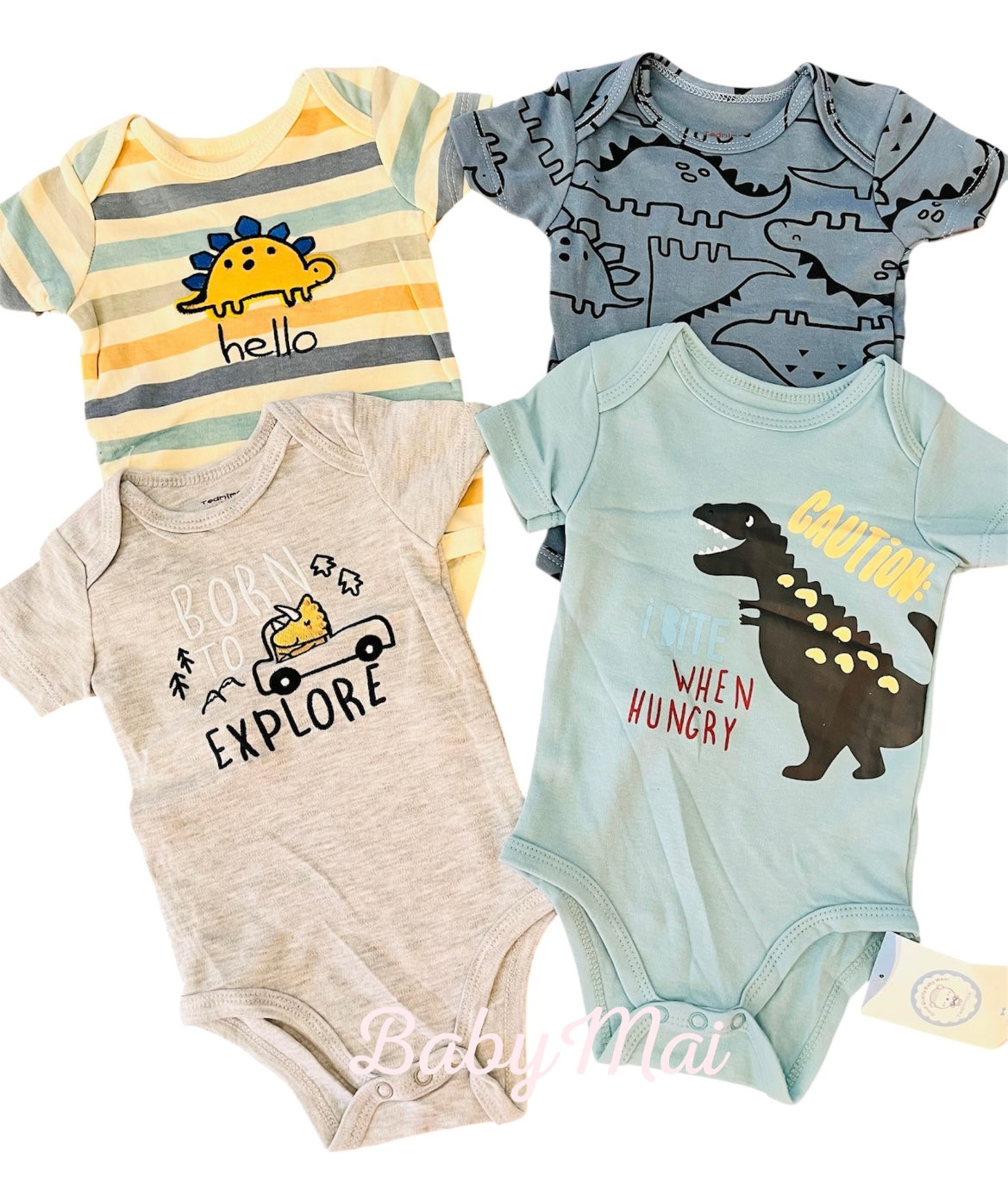 Pack de 4 bodys Dino, talla 6, 9, 12 y 18 meses