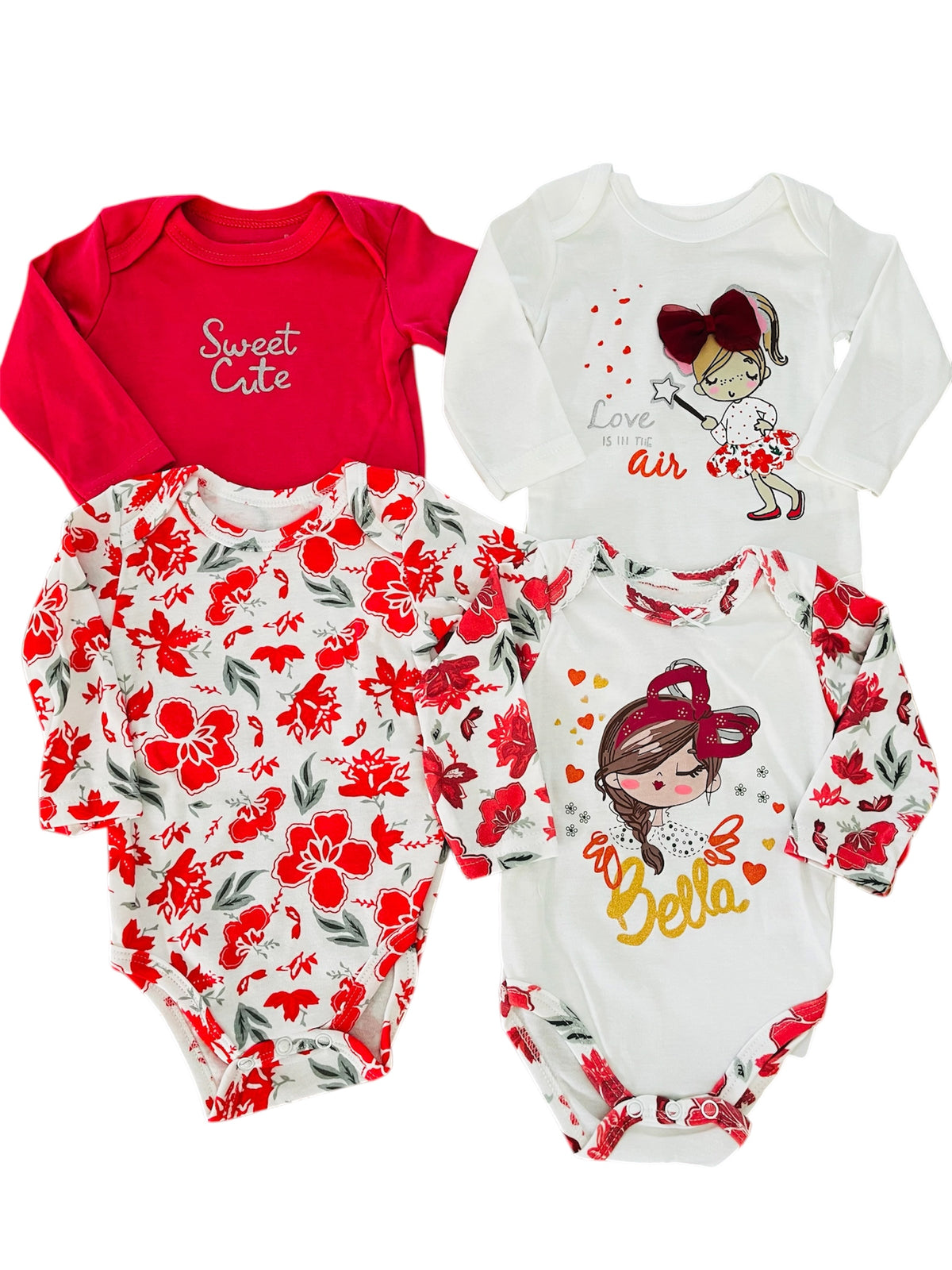 Pack de 4 bodys Bella, talla 3, 6, 9, 24 y 36 meses