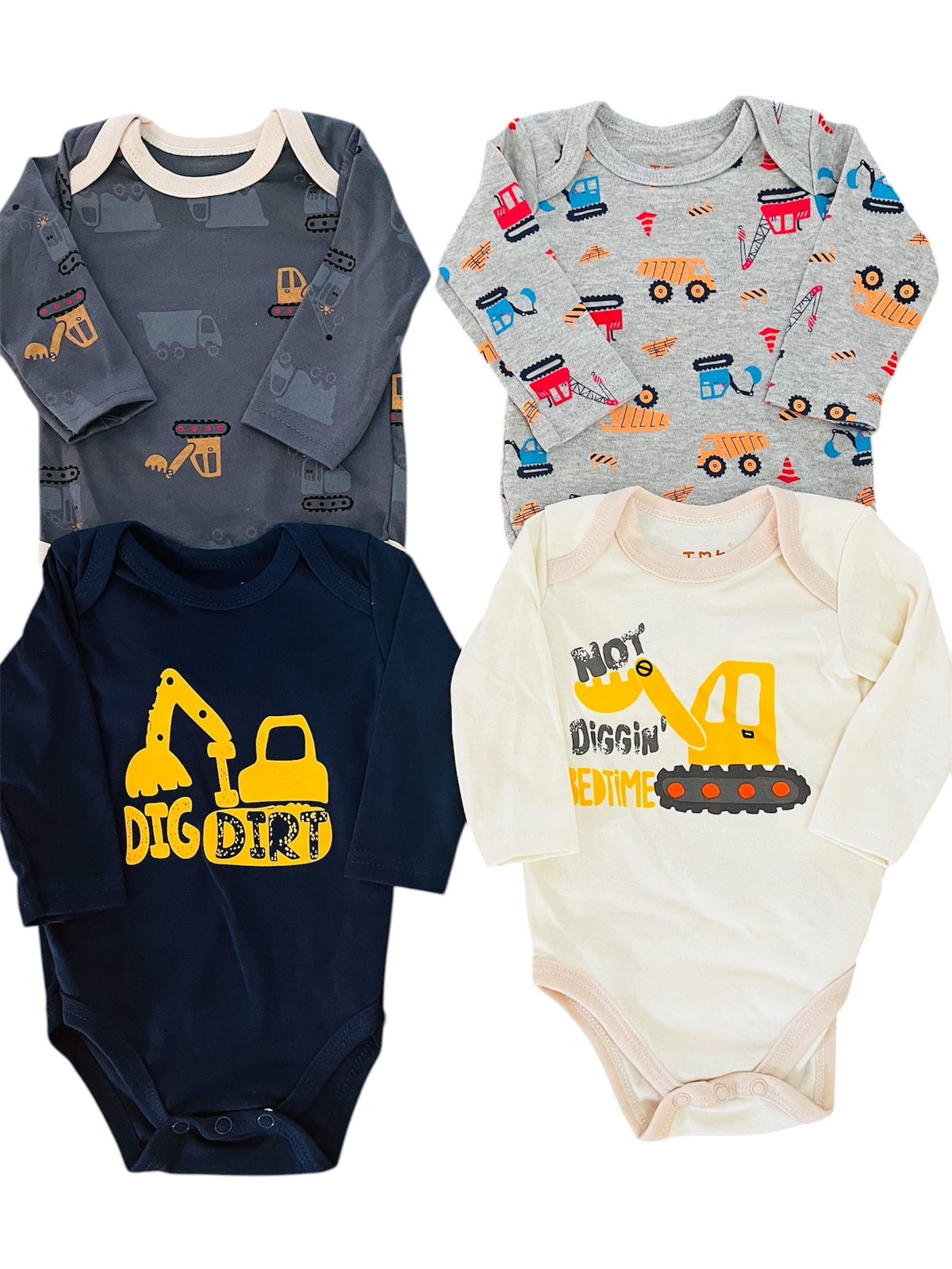 Pack de 4 bodys Excavadora, talla 3, 6, 9, 12 y 18 meses