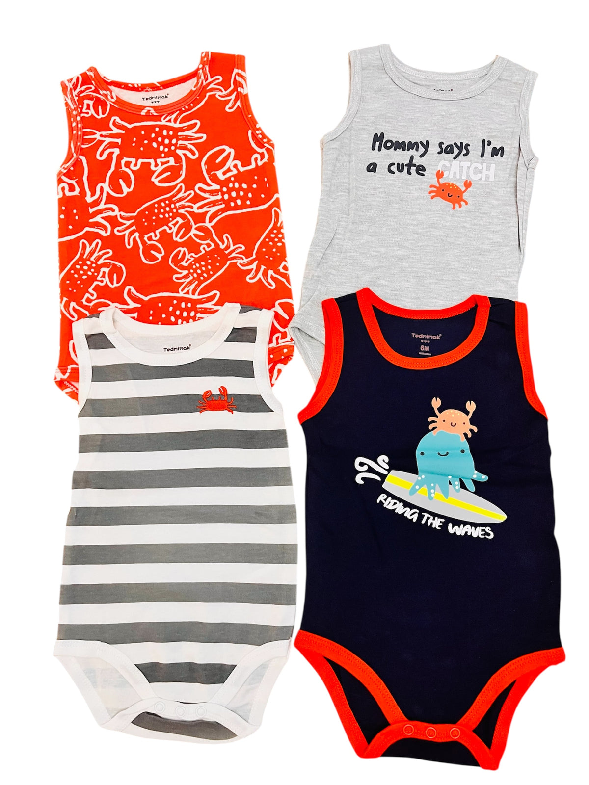 Pack de 4 bodys Pulpo, talla 6, 9, 12 y 18 meses